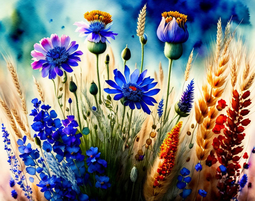 Colorful flowers and wheat stalks on blurred background