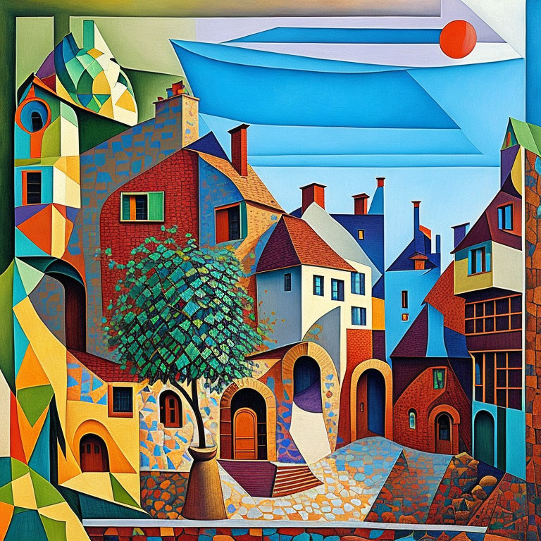 Vibrant Cubist-style Painting of Colorful Village Scene