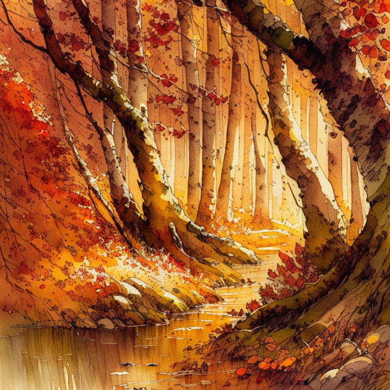 Vibrant autumn forest scene with red and orange foliage by tranquil stream