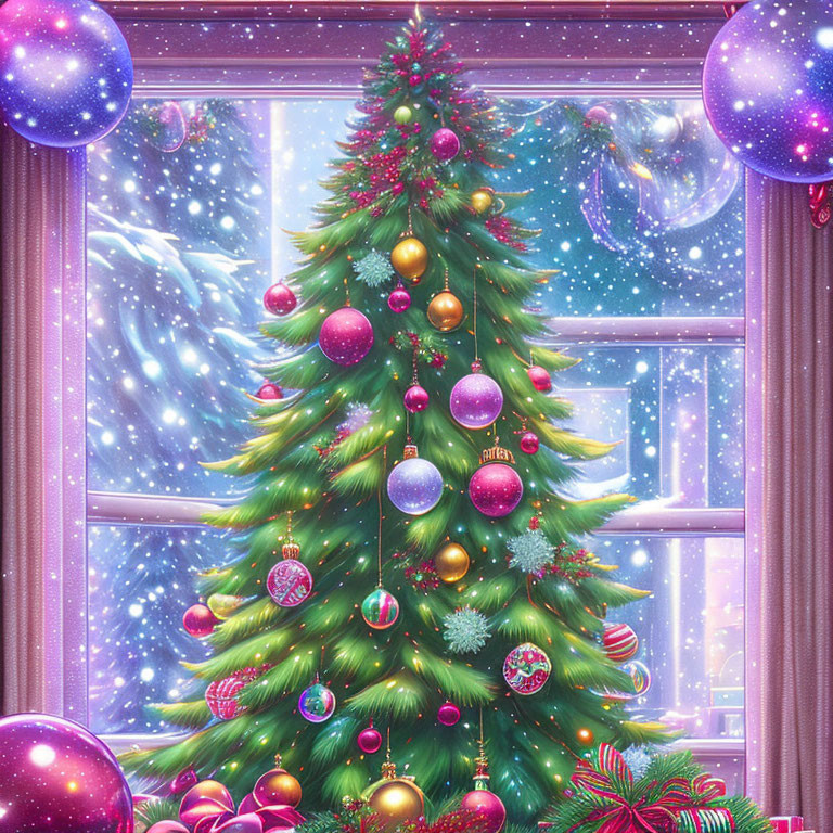 Colorful ornaments and lights on festive Christmas tree by window with falling snowflakes in twilight sky