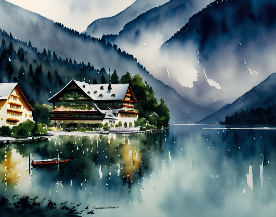 Tranquil watercolor: Lakeside village, boat, misty mountain.