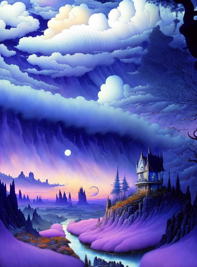 Moonlit fantasy landscape with castle on cliff and purple valley under layered clouds