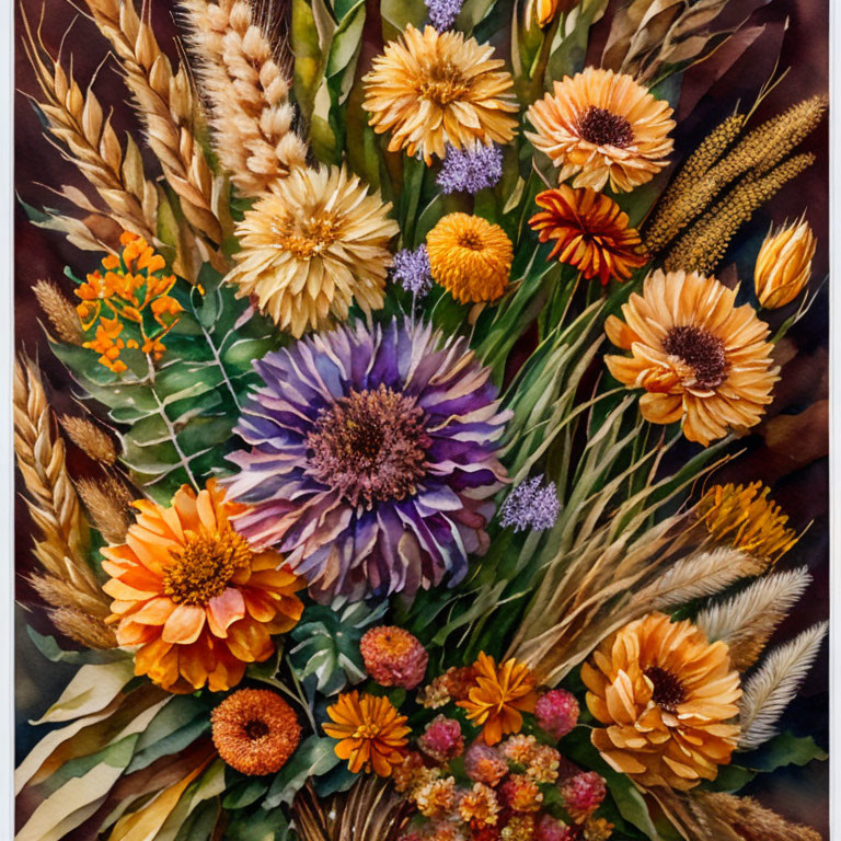 Colorful bouquet painting with purple, orange, wheat, and green flowers