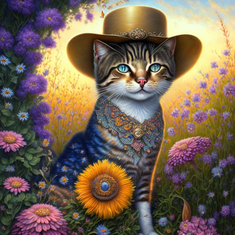 Colorful Cat Painting with Blue Eyes, Stylish Hat, and Flowers