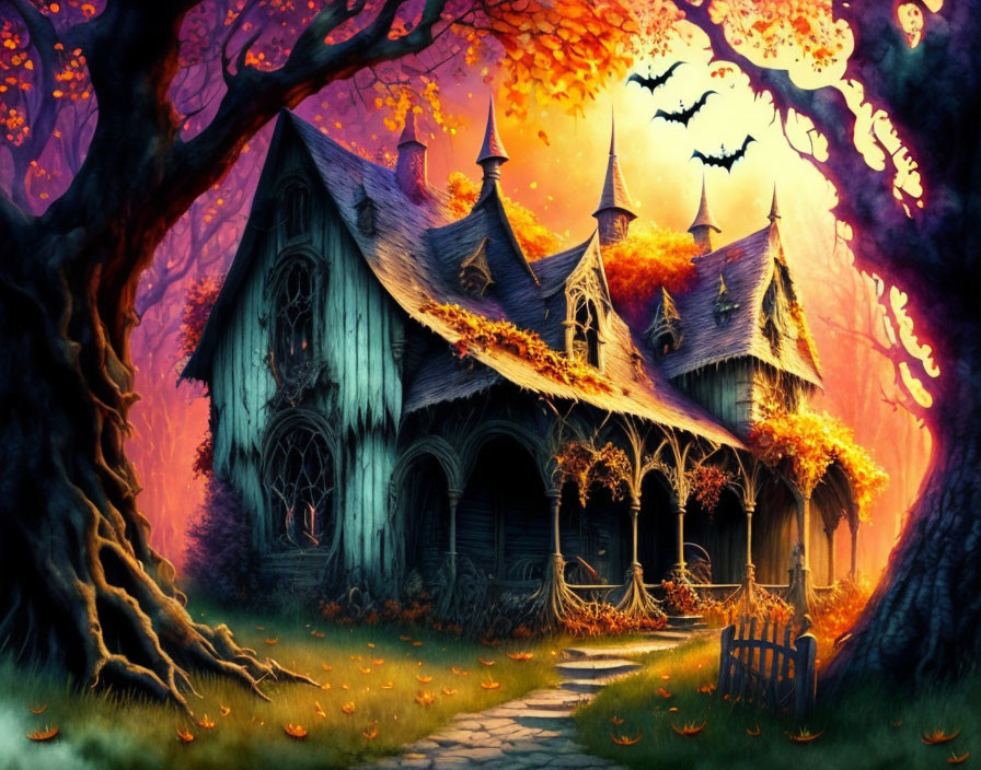 Gothic-style house at twilight with bats, autumn trees, and eerie orange sky