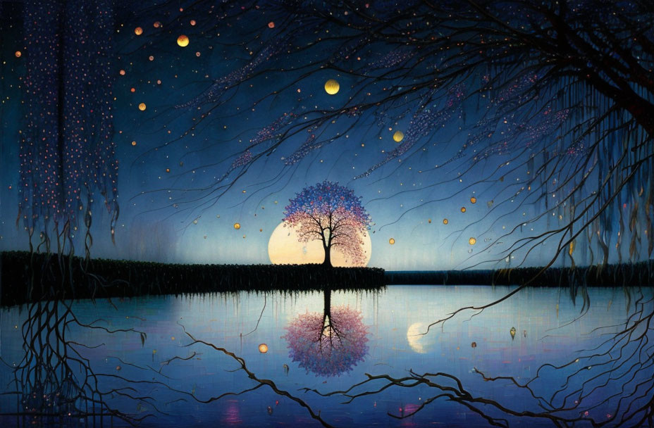 Nighttime scene with luminous tree, starry sky, moon, and intricate branches.