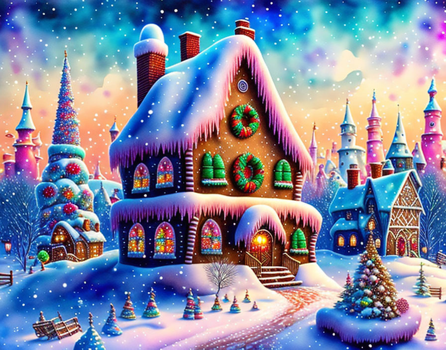 Colorful gingerbread house in winter fantasy landscape