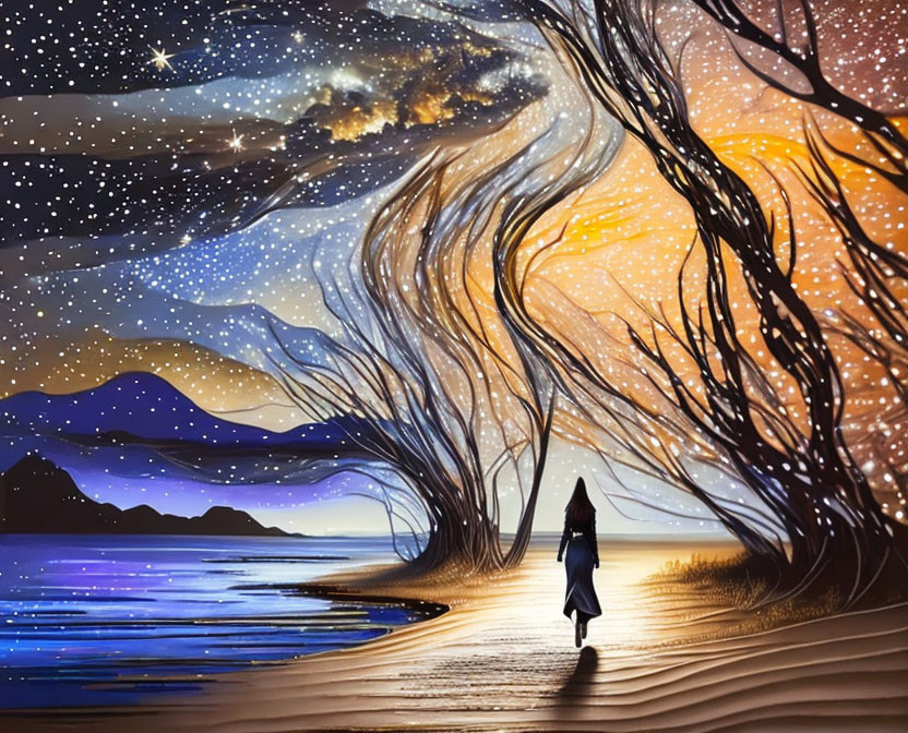 Starry night beach scene with swirling galaxy and silhouetted trees