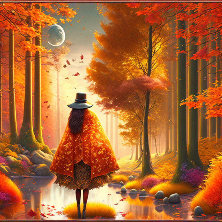 Person in hat and orange cloak in autumn forest with pond and moon.