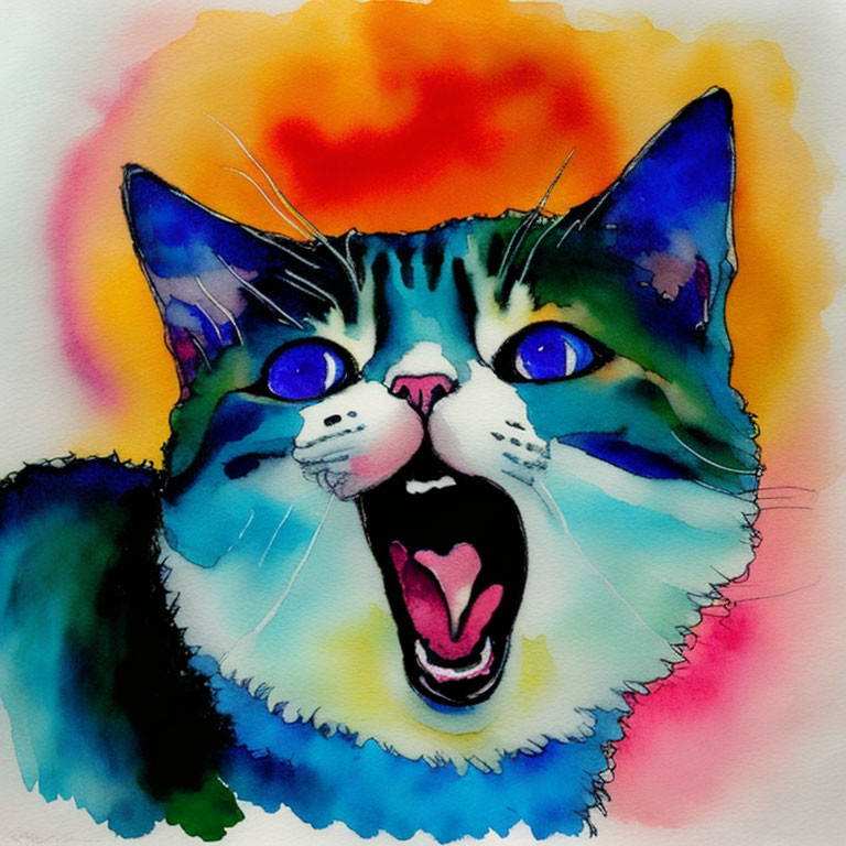 Vibrant watercolor painting of wide-eyed cat in colorful hues