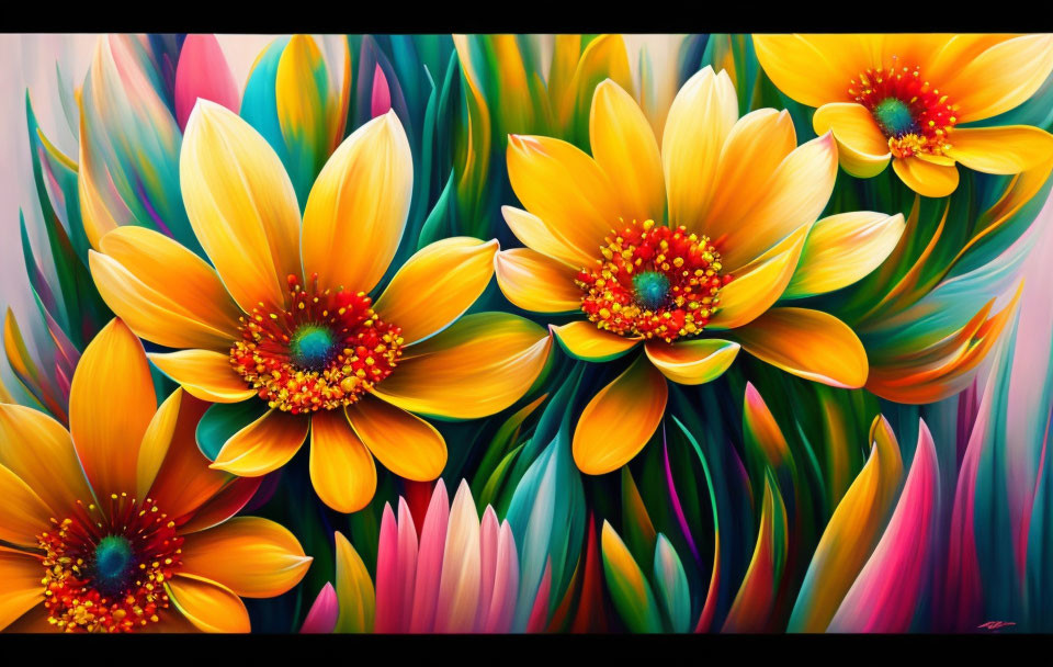 Vibrant Yellow and Orange Flowers in Digital Painting