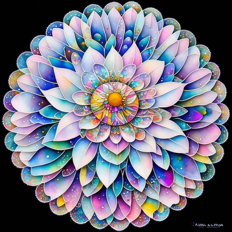 Colorful Mandala with Layered Petals in Blues, Pinks, and Purples