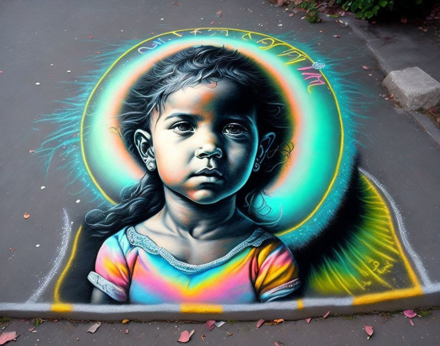 Colorful street art of a girl with expressive eyes and intricate designs