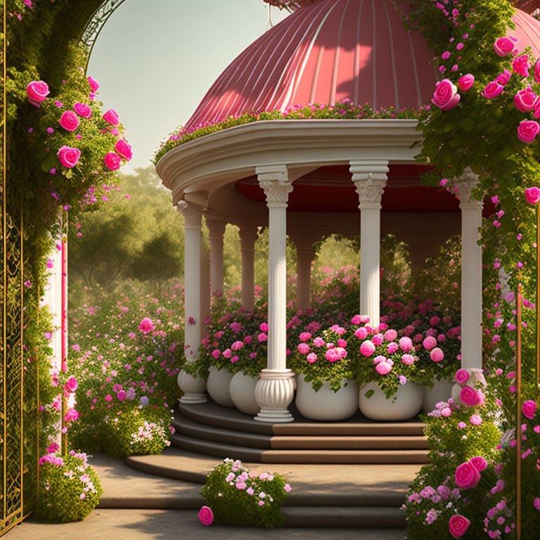 Tranquil garden gazebo with pink and red roses