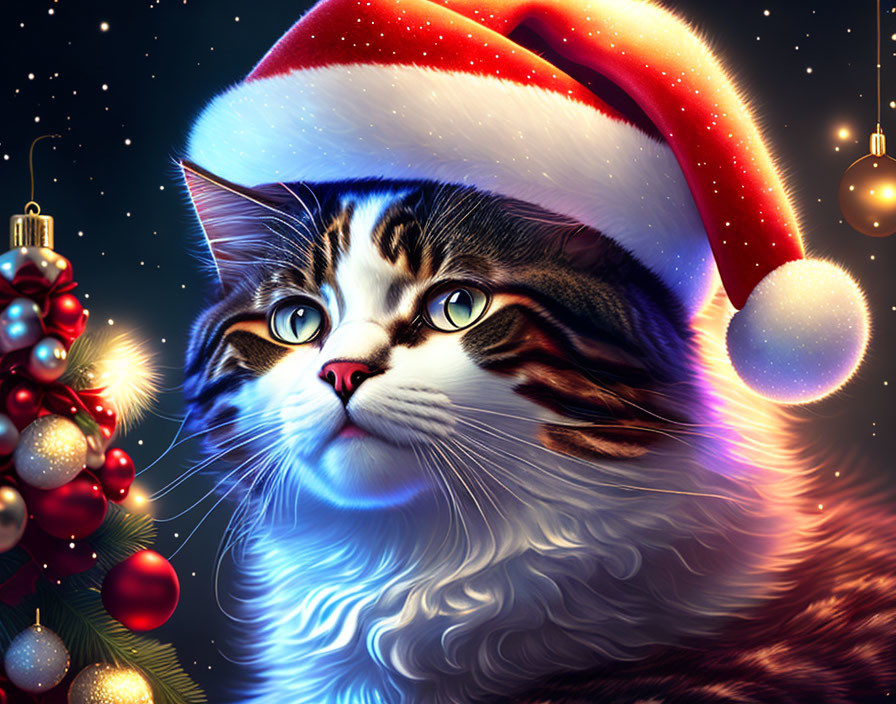 Fluffy Tabby Cat in Santa Hat on Festive Background