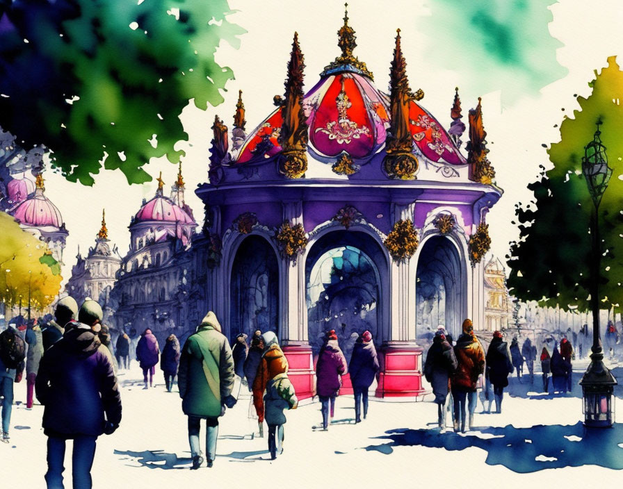 Bustling European square in winter with red pavilion, purple rooftops, and green trees