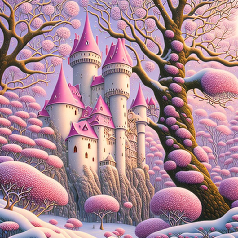 Fantastical Pink Castle in Whimsical Purple and Pink Forest