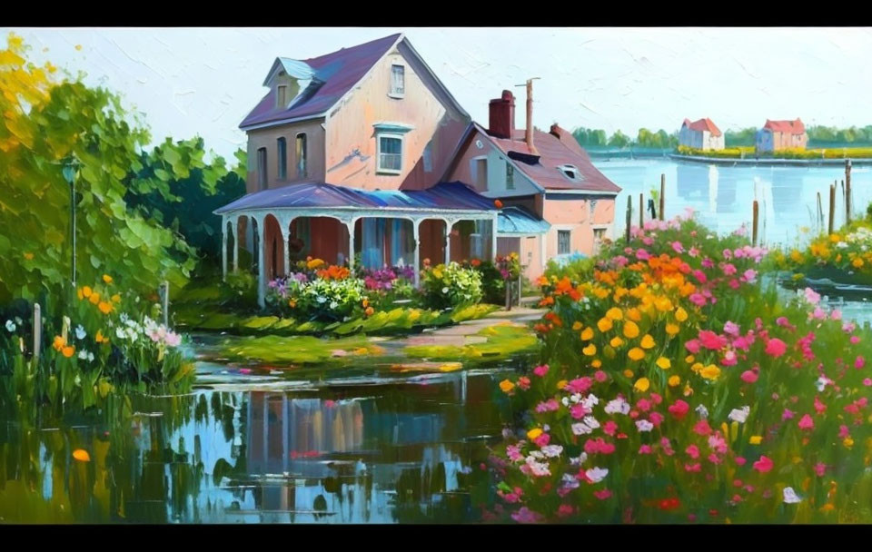 Scenic painting of a waterfront house with blooming garden