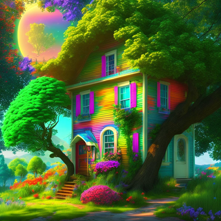 Colorful two-story house in lush garden under iridescent sky