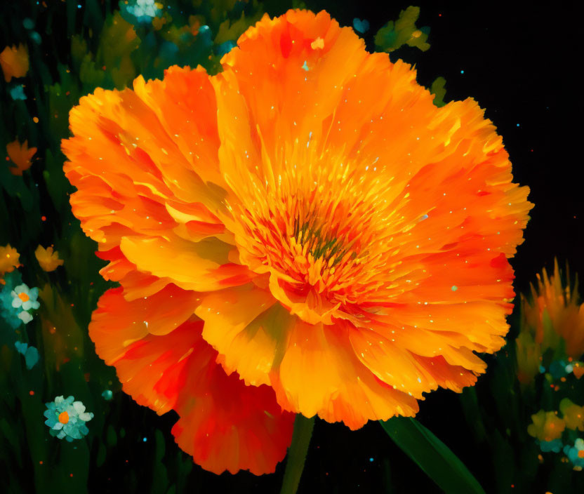 Vibrant orange marigold with delicate petals on dark background