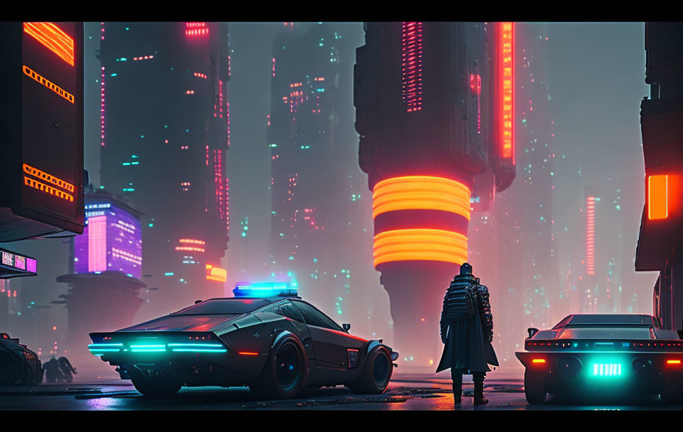 Futuristic cityscape at night with neon lights, skyscrapers, person in coat, and