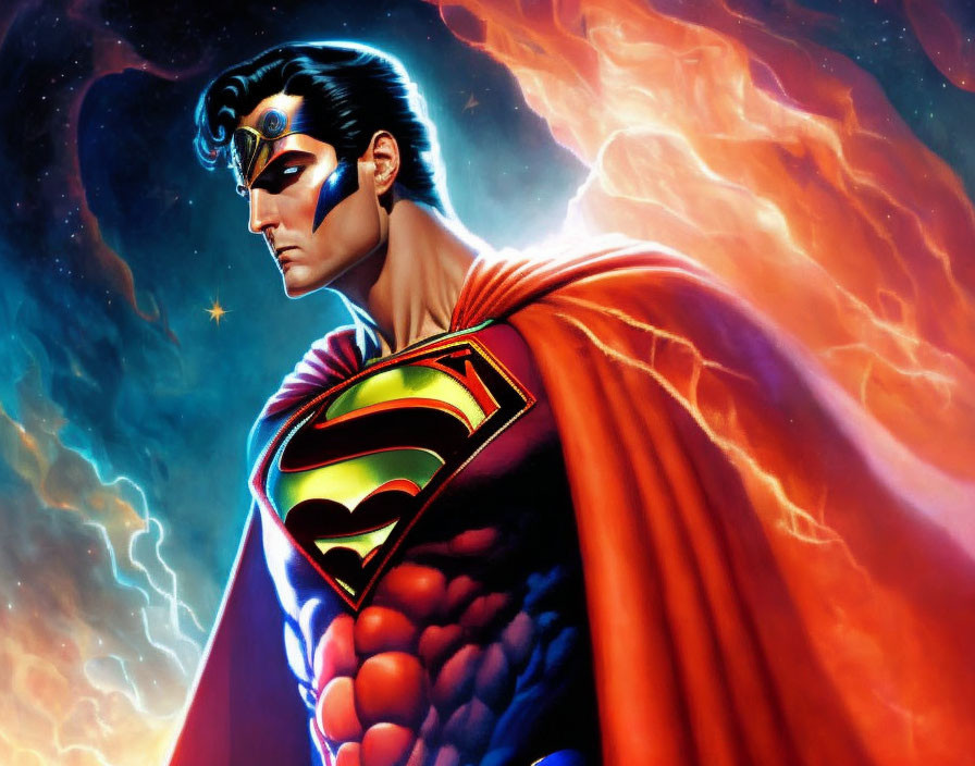 Superman illustration: cosmic backdrop, billowing cape, iconic suit and emblem, determined look