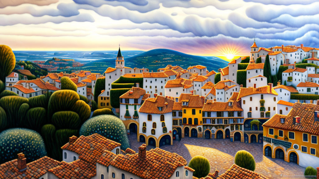 Vibrant village painting with terracotta roofs and rolling hills