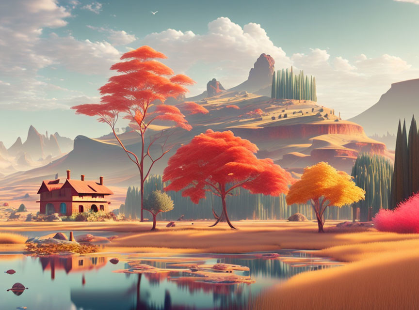 Colorful Trees, Serene Lake, Red-Roofed House, Rock Formations in Past