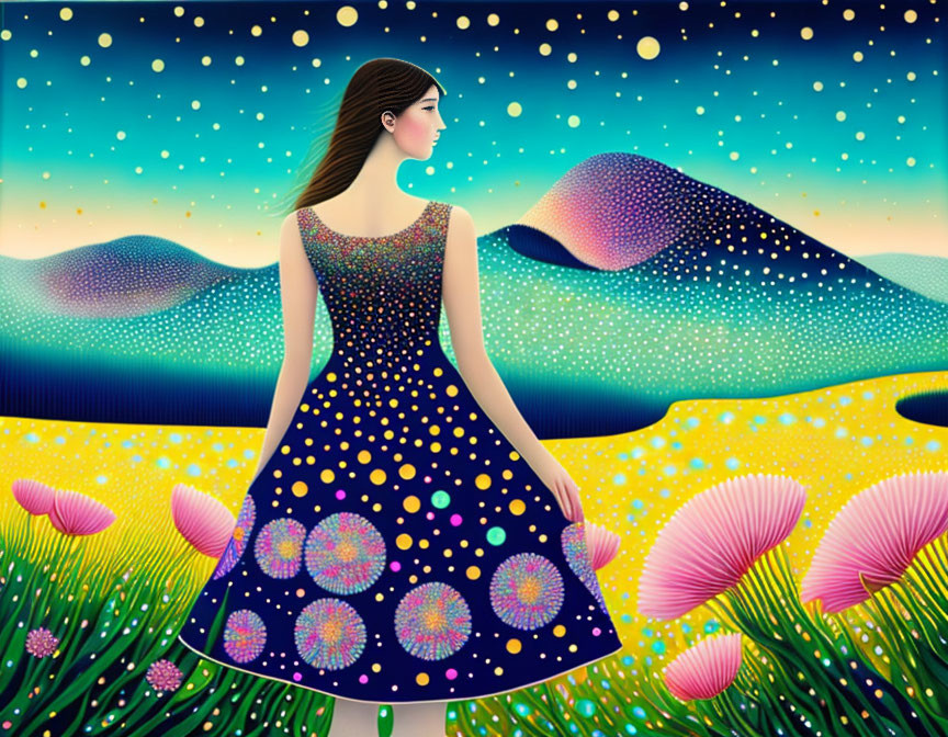 Stylized illustration of woman in patterned dress with vibrant, starry landscape