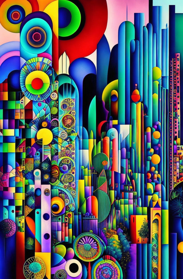 Colorful psychedelic abstract painting with geometric shapes and concentric circles.