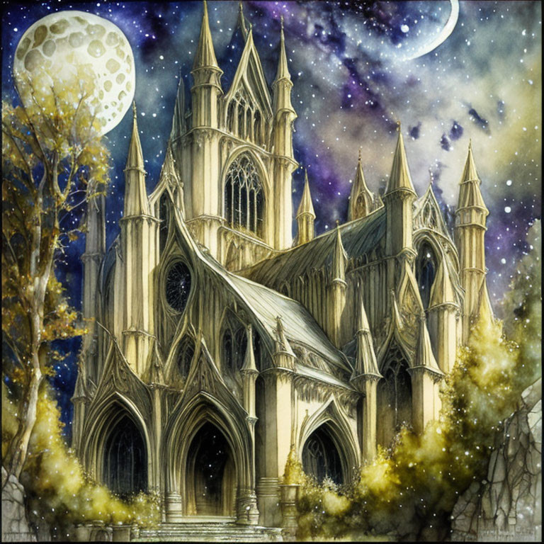 Gothic cathedral in autumn setting under starry sky with moon