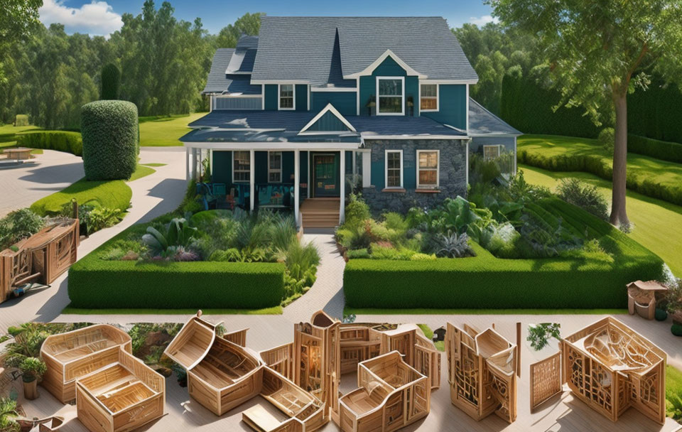 Blue Siding Two-Story House with Stone Accents and Wooden Furniture