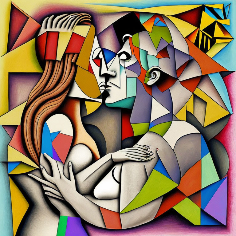 Abstract Cubist Painting: Colorful Embracing Figures