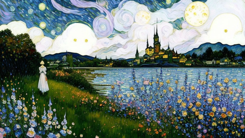 Night Sky Painting with Stars, Town, Lake, and Figure