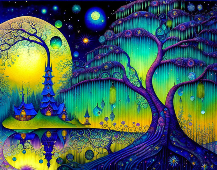 Fantasy landscape with yellow moon, whimsical trees, colorful houses