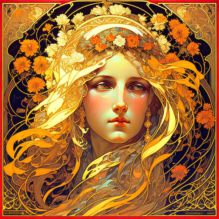 Stylized portrait of a woman with flowing floral hair on golden ornate background