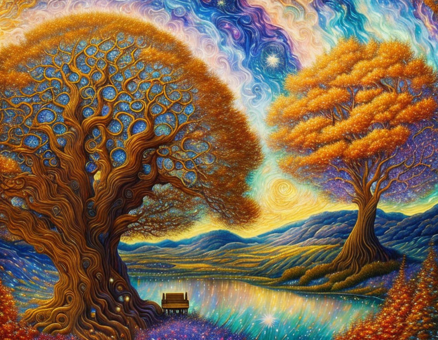 Detailed painting of vibrant trees, colorful sky, starry water, and a solitary bench