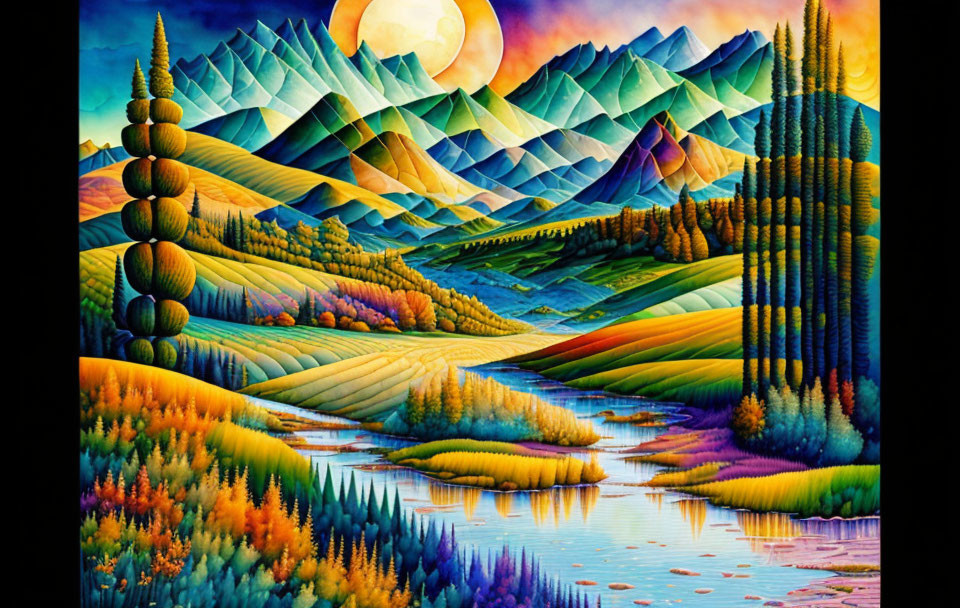 Colorful Mountain Landscape Painting with Sun, Hills, Trees, and Water