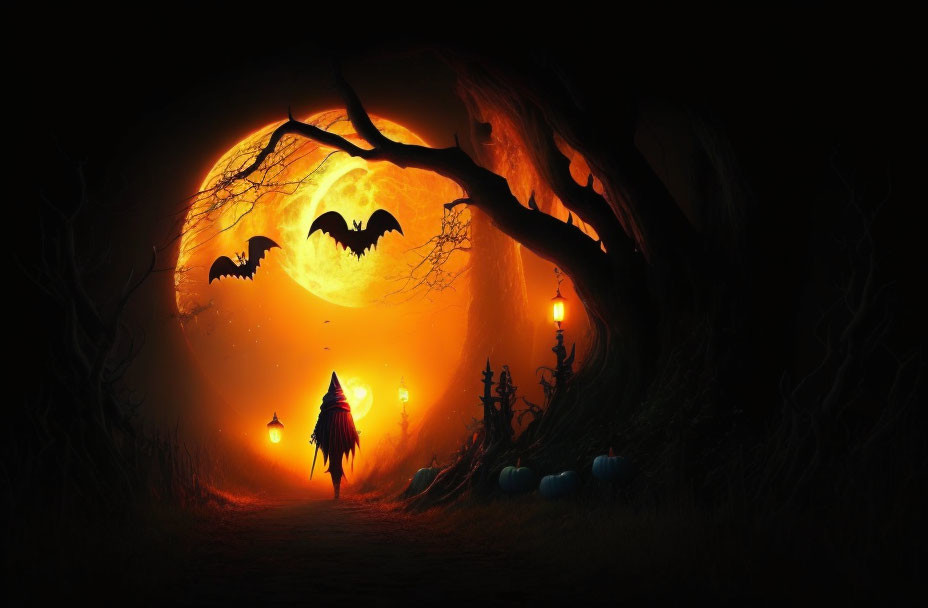 Silhouetted witch under full moon with bats and pumpkins on Halloween night