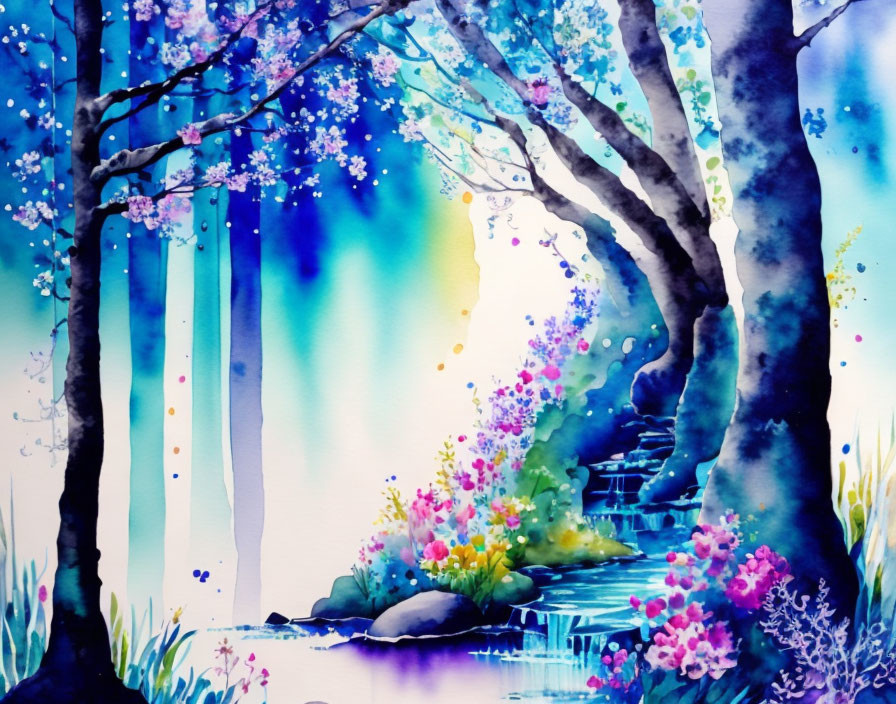 Whimsical forest watercolor painting with blooming trees and serene stream