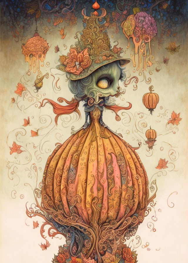 Stylized female figure with pumpkin-shaped body in whimsical autumnal illustration