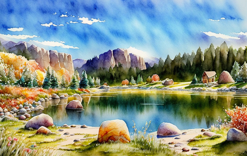 Serene landscape watercolor painting with lake, fall trees, cabin, rocks, and mountains