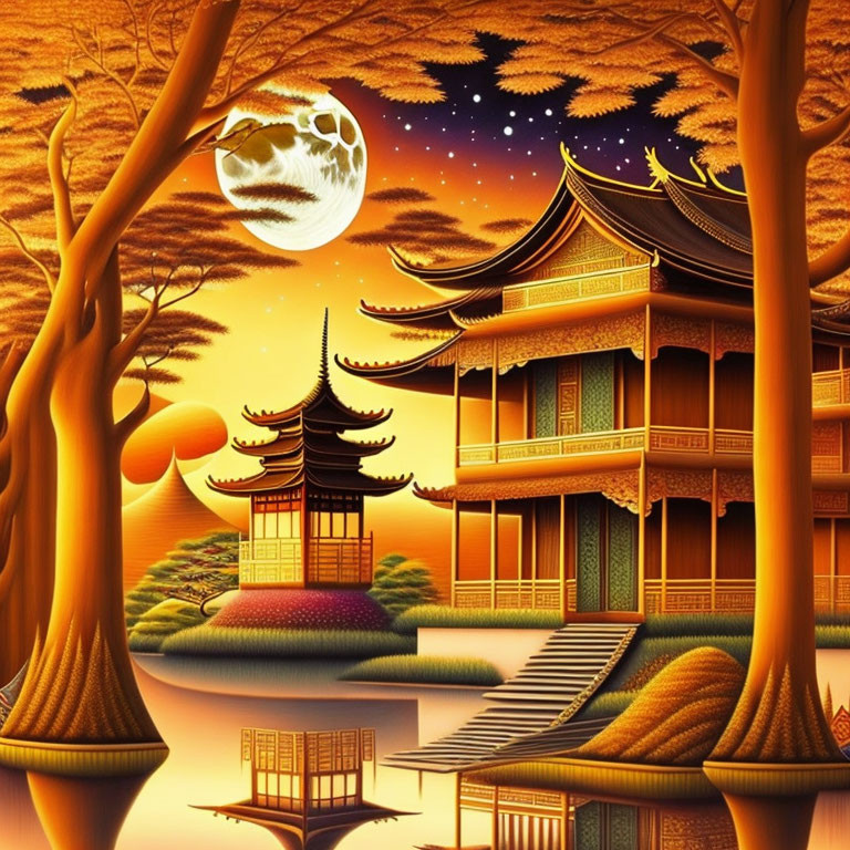 Asian-style pagoda and garden at night with full moon and stars in autumn setting