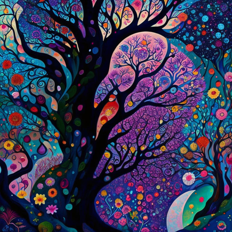 Colorful Whimsical Tree with Floral Designs on Starry Night Sky