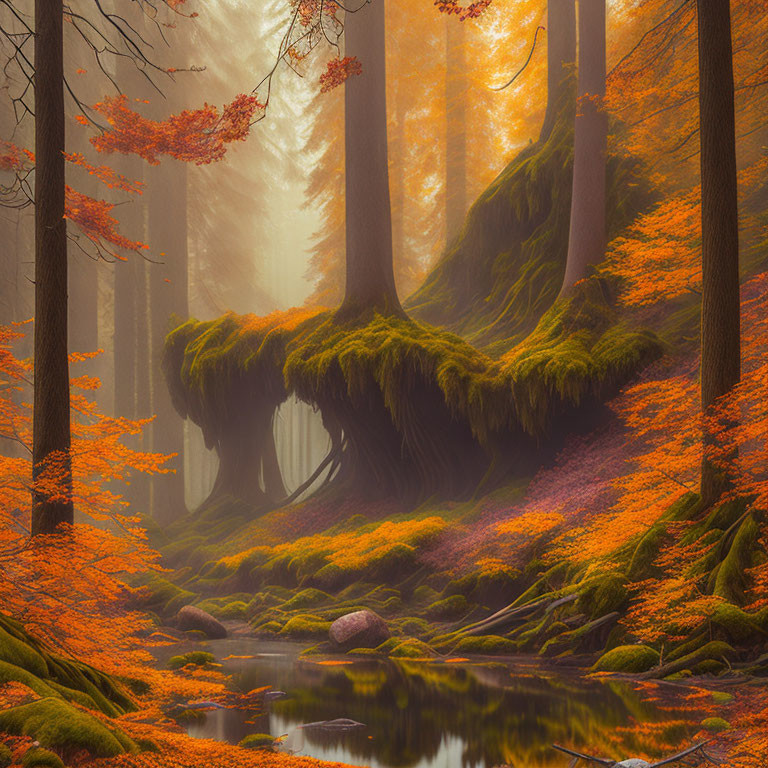 Vibrant autumn forest with mossy floor and misty ambiance