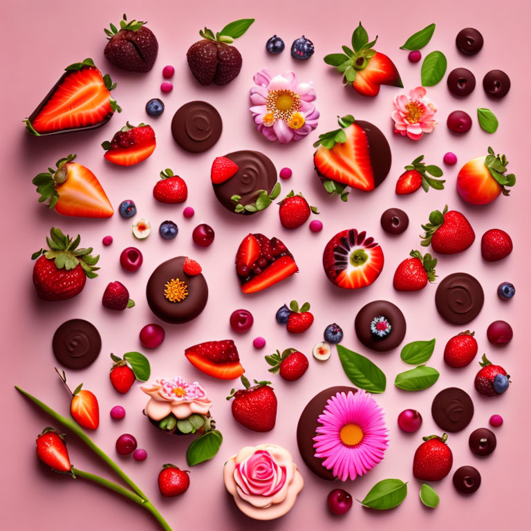 Assorted Chocolates, Berries, and Flowers on Pink Background