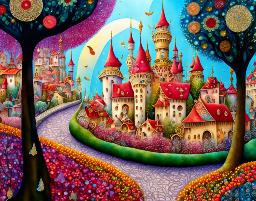 Colorful fairytale castle in twilight landscape