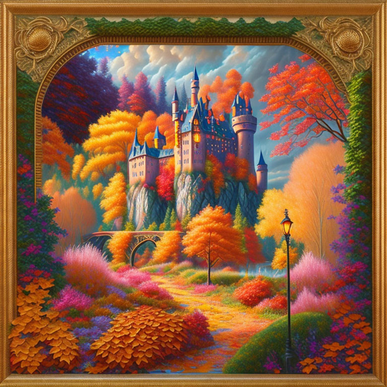 Vibrant autumn trees frame majestic castle and bridge in golden frame