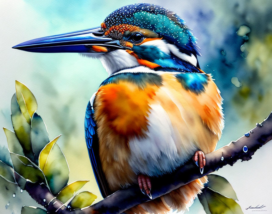 Vibrant Kingfisher Illustration on Branch with Detailed Feathers