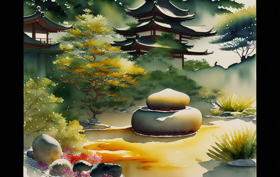 Japanese garden with pagodas, stone lantern, rocks, and autumn trees by serene pond